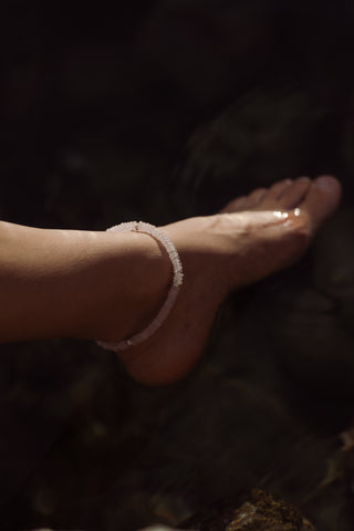 Rose Quartz Anklet with three 18KYG diamond redondeles
