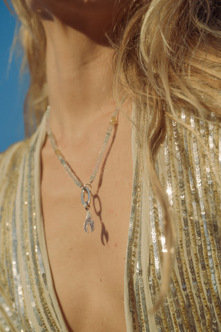 Violet Flame Necklace with Beaded Aquamarine & 14K White Gold Charm Holder