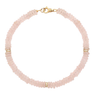 Rose Quartz Beaded Anklet with Three 18K Diamond Rondelles