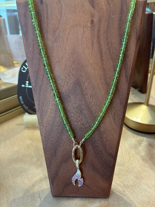14KY Flame pendant, charm holder and 22” peridot necklace