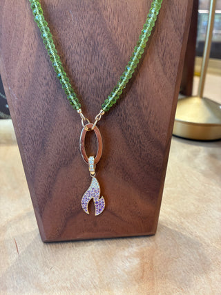 14KY Flame pendant, charm holder and 22” peridot necklace