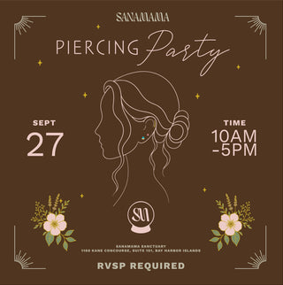 A brown promotional flyer for a 'Sanamama Piercing Party' on September 27 from 10 AM to 5 PM. The flyer features a central line-art illustration of a woman's profile wearing a small earring, decorated with floral illustrations and gold star accents.