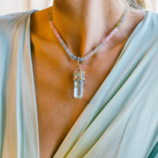 Raw aquamarine beaded necklace worn casually, ocean wisdom emotional healing crystal jewelry by Sanamama