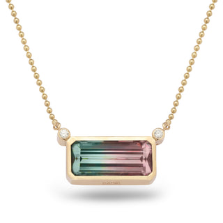 Horizontal bi-color tourmaline bar necklace with diamond accents in 14k yellow gold, product shot.
