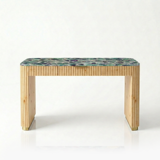 Fluorite stone inlaid clarity desk with natural wood frame, product shot on white.
