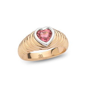 Heart-cut pink tourmaline signet ring in textured 14k rose gold band, product shot on white.
