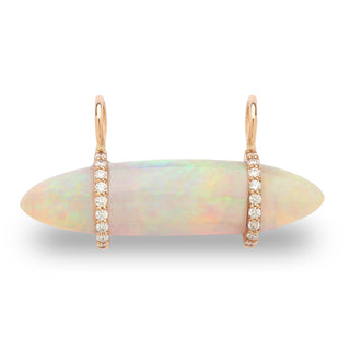 Elongated opal pendant suspended by diamond-set bar in 18k rose gold, product shot on white.

