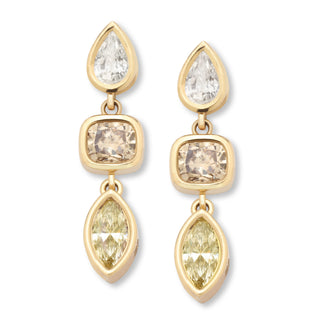 Three-drop earrings with white, champagne, and yellow diamond shapes in 14k gold, product shot.
