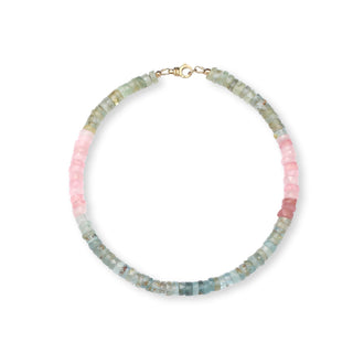 Sanamama raw aquamarine beaded anklet with 18k gold clasp on white background, emotional healing jewelry