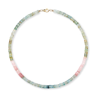 Sanamama raw aquamarine beaded necklace with 18k gold clasp, Saint Germain emotional clearing crystal jewelry