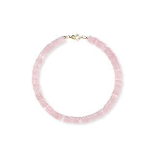 Sanamama raw rose quartz beaded anklet with 18k gold clasp on white background, heart healing crystal jewelry
