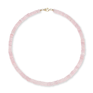Sanamama raw rose quartz beaded necklace with 18k gold clasp on white background, heart healing crystal jewelry