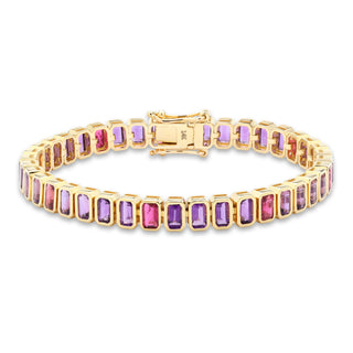 Amethyst and pink tourmaline tennis bracelet in 14k yellow gold, product shot on white.
