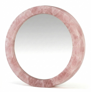 Round rose quartz crystal mosaic mirror frame in blush pink, product shot on white.
