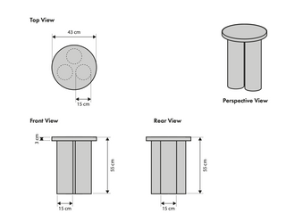 Construction plan diagram for rose quartz and white onyx side table, 43cm top, multiple views.