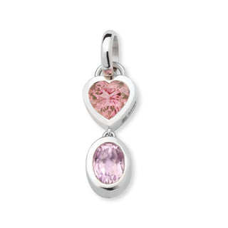 Pink tourmaline heart and oval double-drop charm in 14k white gold, product shot on white.
